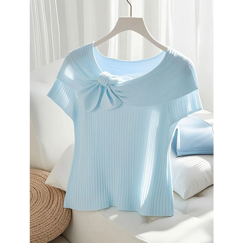 2026 Summer New Simplicity Elegant Bow Knitting Pullovers Women Clothing Fashion All-match Solid Color Short Sleeve Top Tee