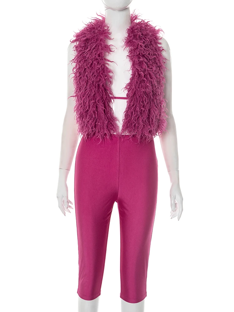 Weird Puss Sexy Furry 2 Piece Set Women Y2K Lace Up Halter Backless Tank Tops +Tight Shorts Matching Casual Activity Streetwear