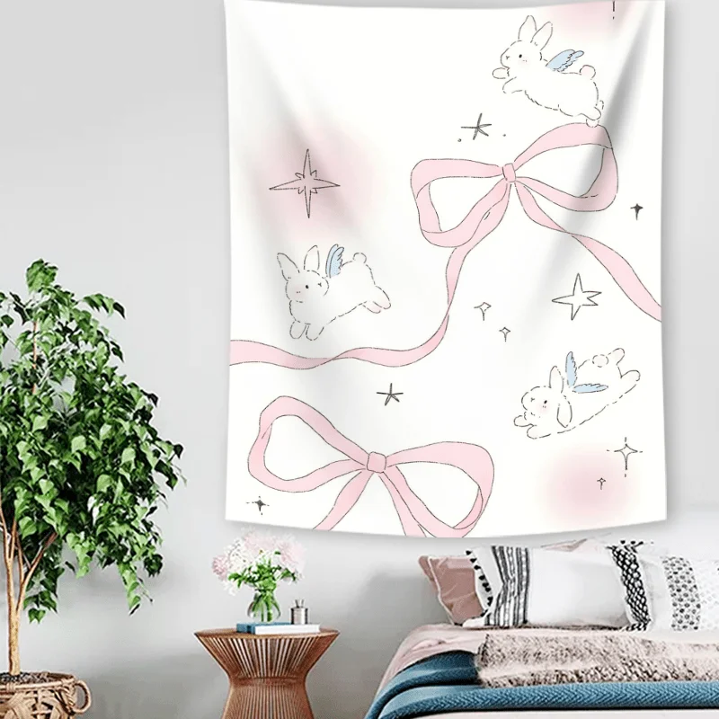 VIKAMA Dreamy Star Moon Rabbit Tapestry with Bow and Gradient Starry Sky Children's Room Instagram-Style Fairy Tale Theme Decor