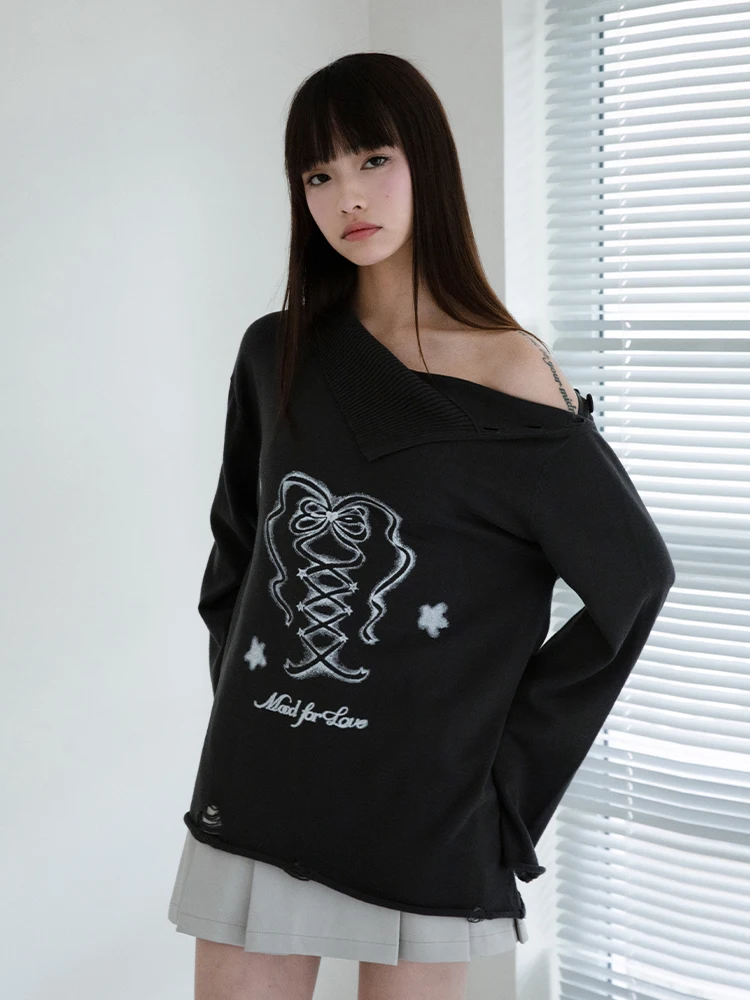 

KiraYura Original Loose Knitted Top Bla Medium-Length Asymmetrical Hem Collar Knot Print Svel Women's Faion