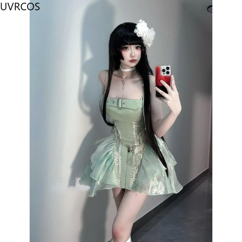 Japanese Gothic Y2k Lolita Dress Women Sweet  Lace Patchwork Irregular Mesh Fairy Party Dresses Victorian Elegant Bandage Dress