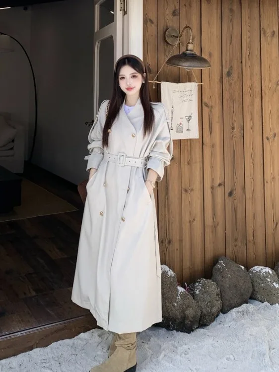 

plus Size Women's Vintage Double-Breasted Belted Coat Autumn New Loose Midi Length Top Trendy Korean Sle High Waist