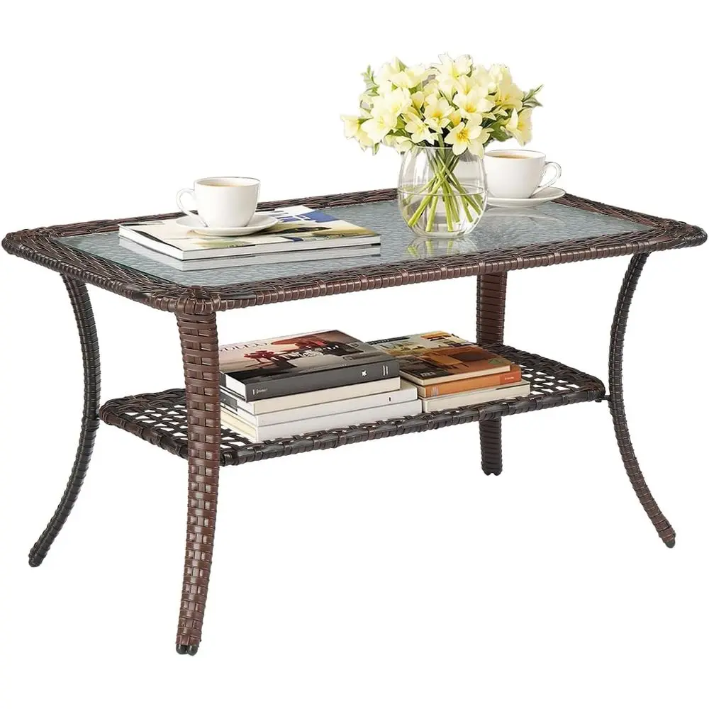 

Brown Wicker Outdoor Coffee Table with Tempered Glass Top and Storage for Patio, Balcony, and Deck