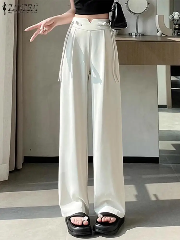 

ZANZEA Casual Straight Suit Pant Women High Waist Pants Korean Fashion Office Trousers 2024 Summer Knot Pleated Formal Pantalons