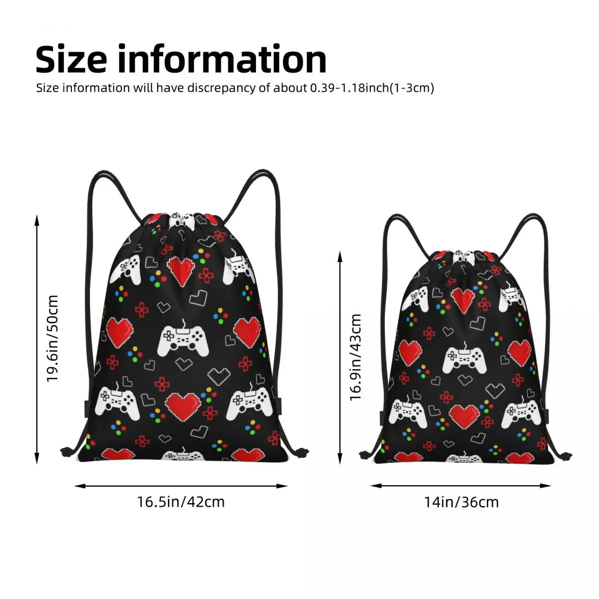 Video Game Controller Pixel Style Hearts Gaming Pattern Drawstring Backpack Sports Gym Bag String Sackpack for Cycling
