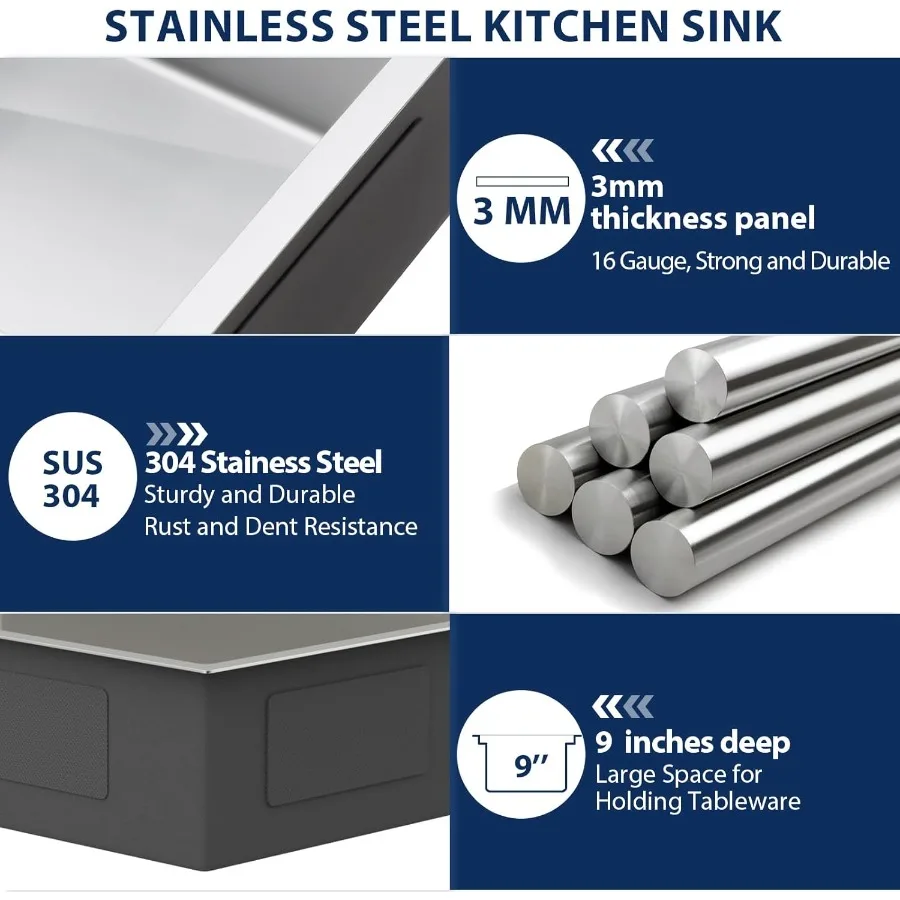حوض مطبخ مقاس 33 بوصة مع مجموعة صنبور - حوض فردي متين من الفولاذ المقاوم للصدأ مقاس 16 للمطابخ الحديثة يتضمن #6