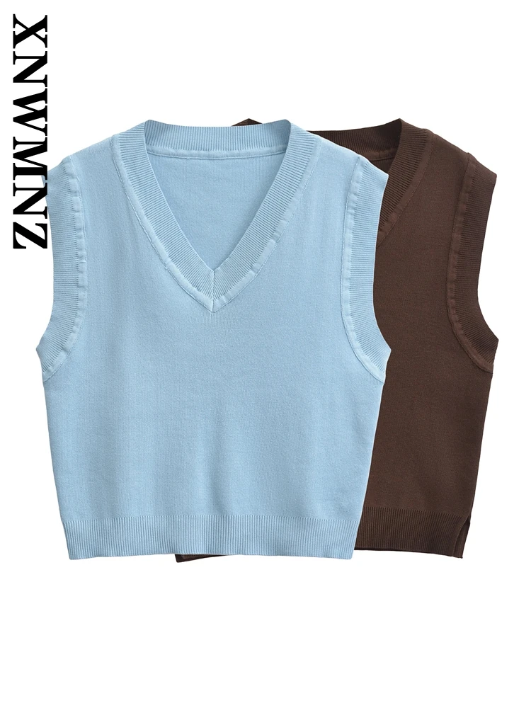 XNWMNZ Woman 2024 Autumn Vintage Knit V-Collar Screw Thread Sleeveless Vest Gilet Women Clothing Casual Solid Color Sweater Top