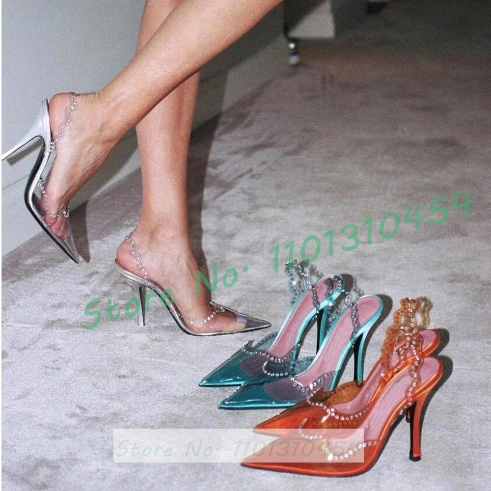 

Pvc Wave Strap Slingback Sandals Women Pointy High Heels Rhinestones Clear Shoes Ladies Casual Luxury Sparkly Evening Sandals