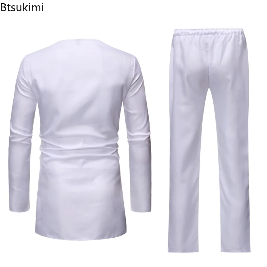 Ethnic Style African Tradition Clothing Men's Mid-length Long Sleeve T-shirt Pants Two Piece Sets Striped Print Men Fashion Suit