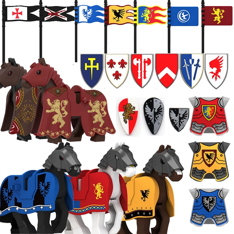 Medieval Solider Militares Blocos de Construção, Cavaleiros Equipamentos, Mount War Cavalo, Águia, Leão Vermelho, Corvo, Colete Bandeira, Escudos, Mini Block Toy