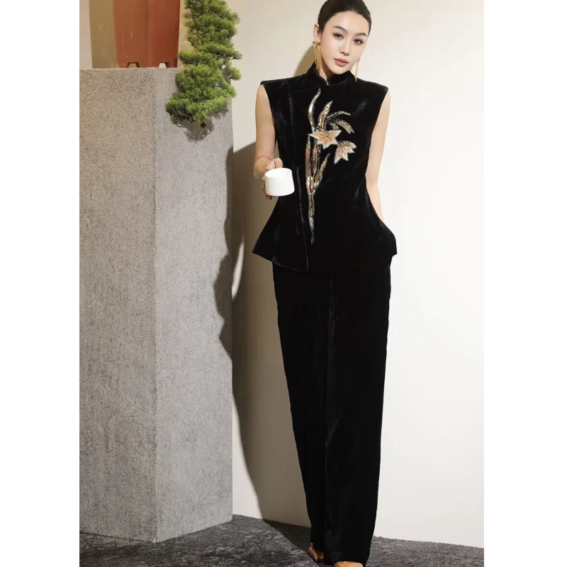 High Quality Spring New Stand Collar Embroidery Vest +Elastic Waist Wide Leg Pants Silk+ Velvet Fabric Retro Women's Set S-XL