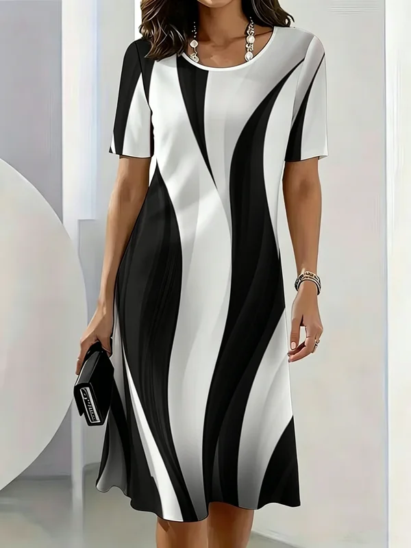 Sommerkleid für Damen, modisches Kleid mit Farbverlauf, gestreiftes Muster, bedrucktes Kleid, kurzärmelig, O-Ausschnitt, locker, lässig, A-Linie, Minikleid