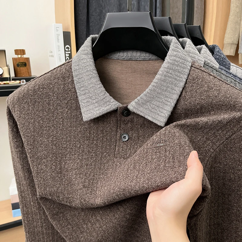 Hochwertiges Herren-Poloshirt mit Print, Herbst-Neuheit, Komfortables Langarm-Shirt mit Kragen, Einfarbiges T-Shirt, Modische Business-Herrenbekleidung – Detail 3