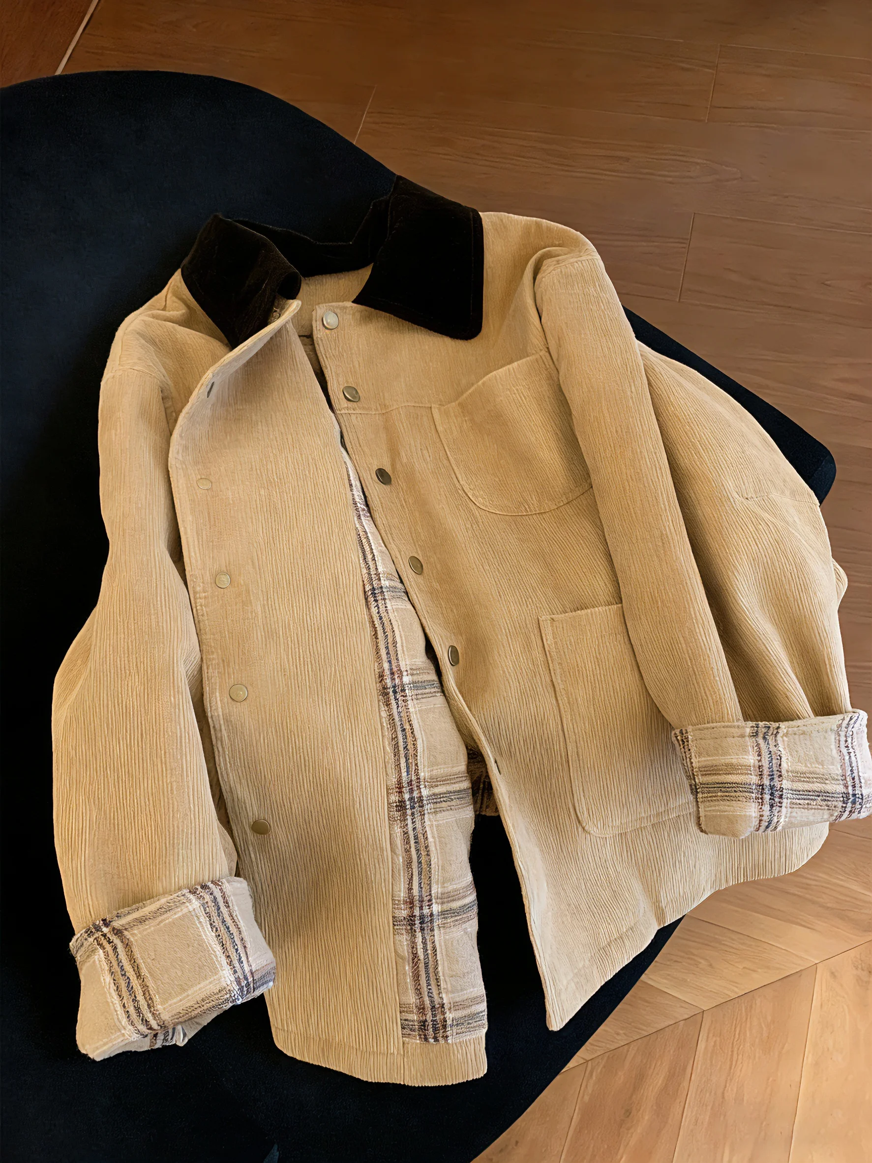 

Retro Khaki Patchwork Collar Jaet Men's Spring Autumn Thiened Loose Versatile Faionable Warm Long Sve Color