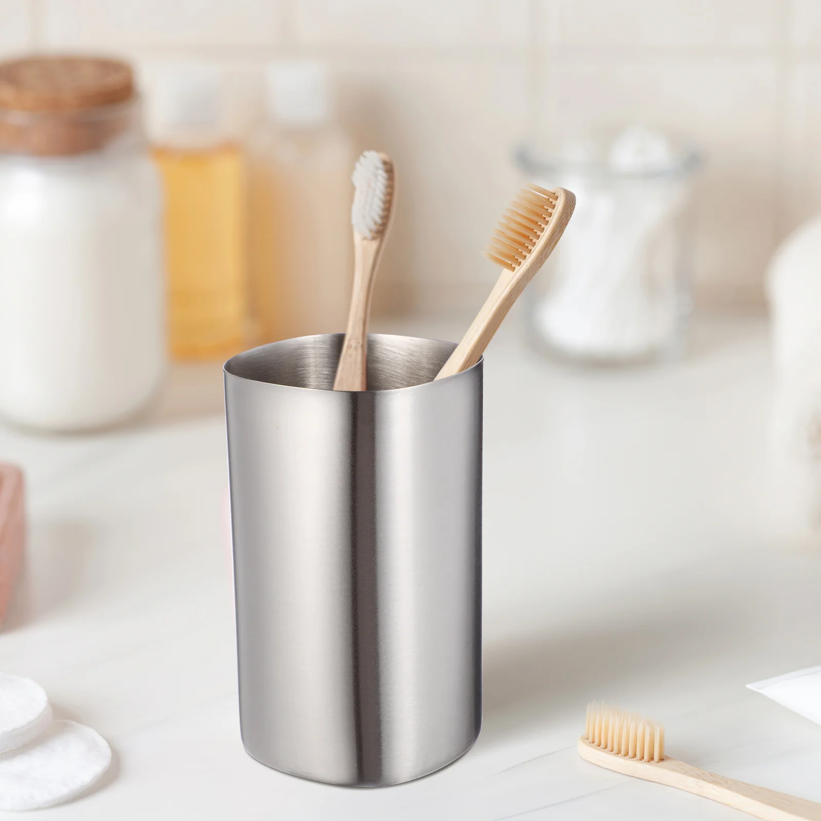 

1Pcs Stainless Steel Water Cup Silver Functional Minimalist Tooth Brush Mug Shatterproof Bathroom Tumbler for Daily Use