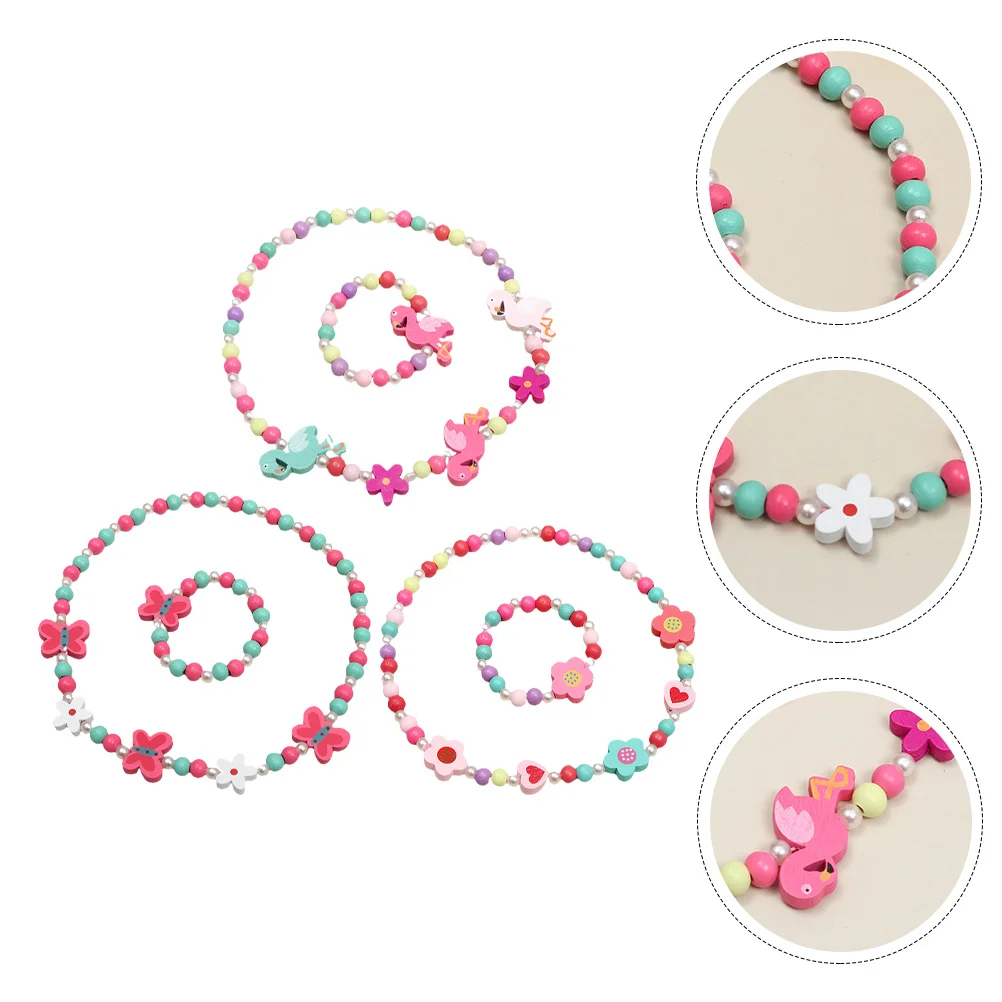 3 Zestawy Drewnianych Koralików Naszyjnik Bransoletka Kolorowa Gruba Biżuteria Dziecięca Uroczy Prezent Rekwizyty Fotograficzne Bransoletka z Koralików dla Dzieci