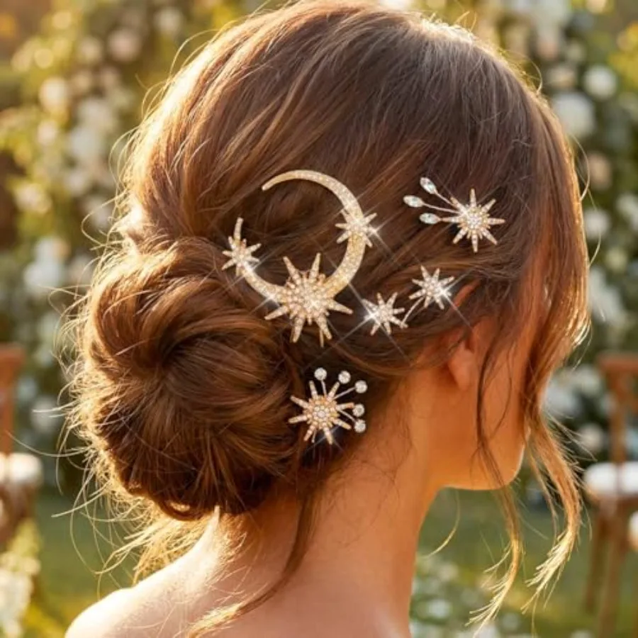 

Rhinestone Star Bride Wedding Hair Pins Gold Moon Hair Pieces Crystal Accessories for Women Pack of 3 (Gold)