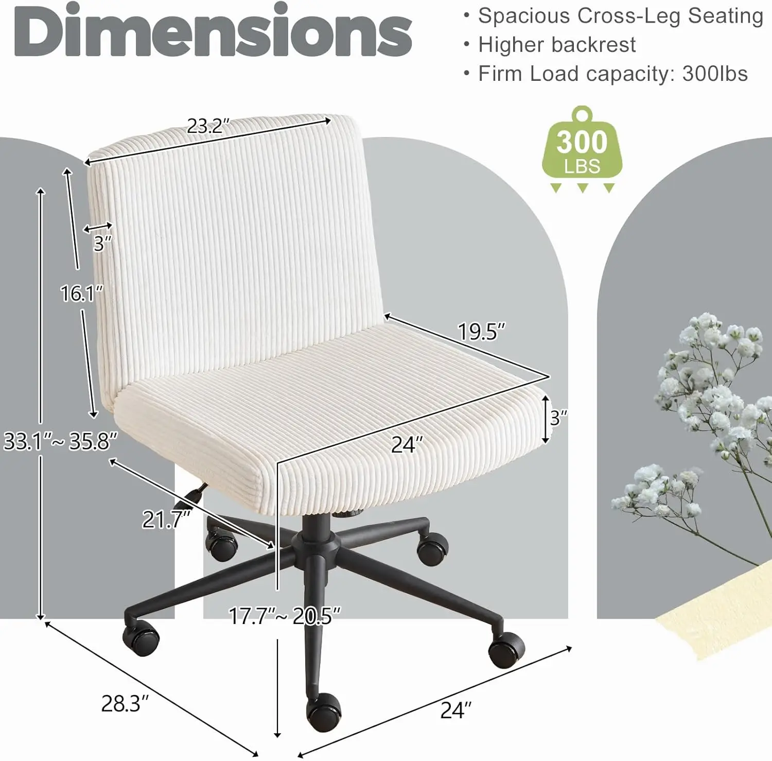 

Vingli Criss Cross Chair,Comfy Corduroy Cross Legged Office Desk Chair With/No Wheels,Cute Vanity Chair,Adjustable Wide