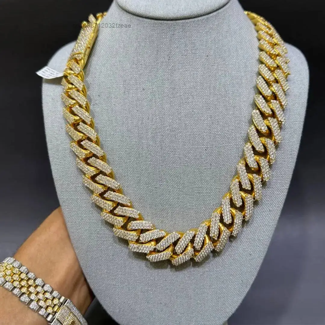 Luxury Best Selling Gold Plated 18MM VVS Moissanite Sterling Silver Cuban Link Chain Iced Out Hip Hop Style Unisex Miami Necklac