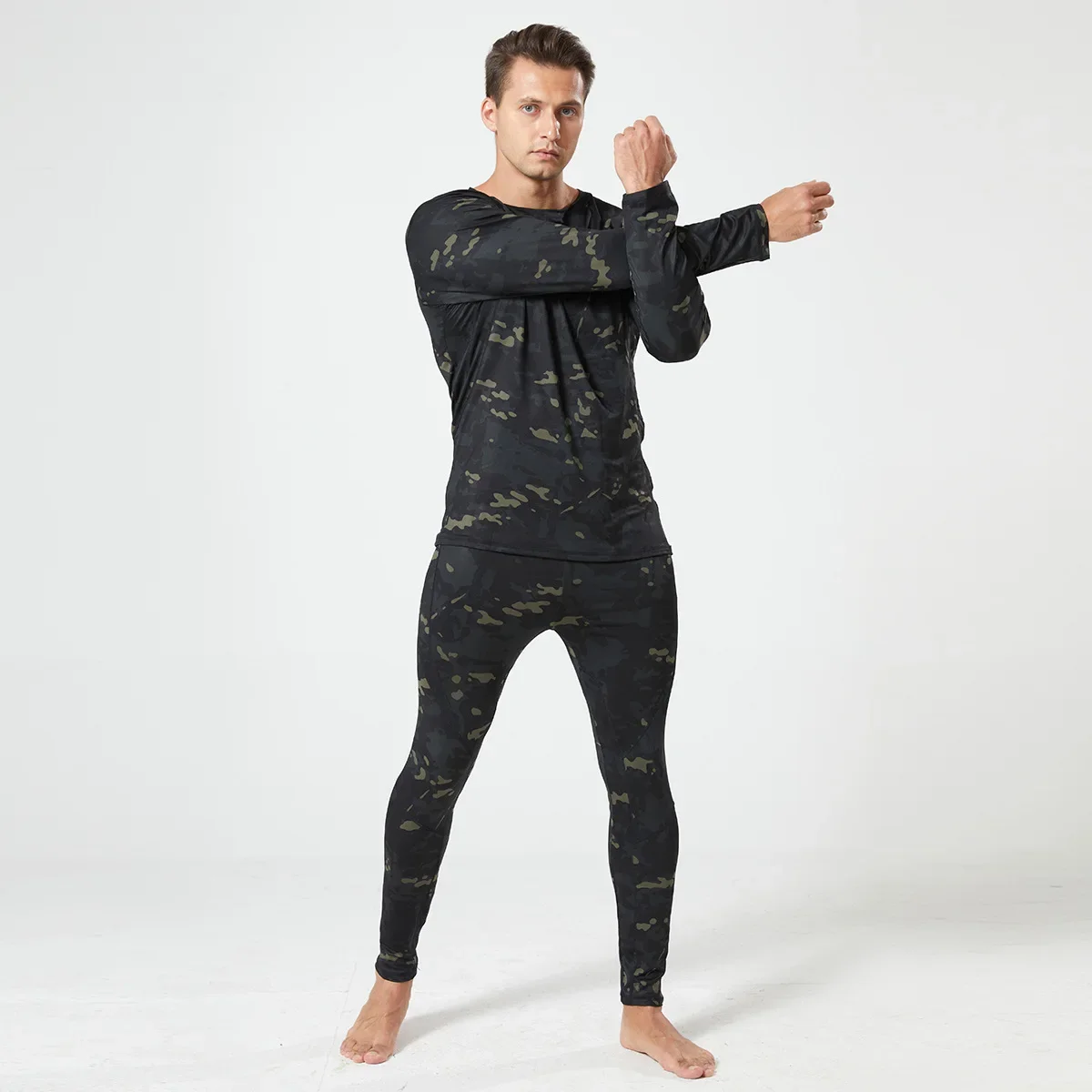 Men's Thermal Fleece Underwear Set for Outdoor Sports Quick Dry Tactical Camo Uniform Winter Training Slim Fit Cycling Tracksuit
