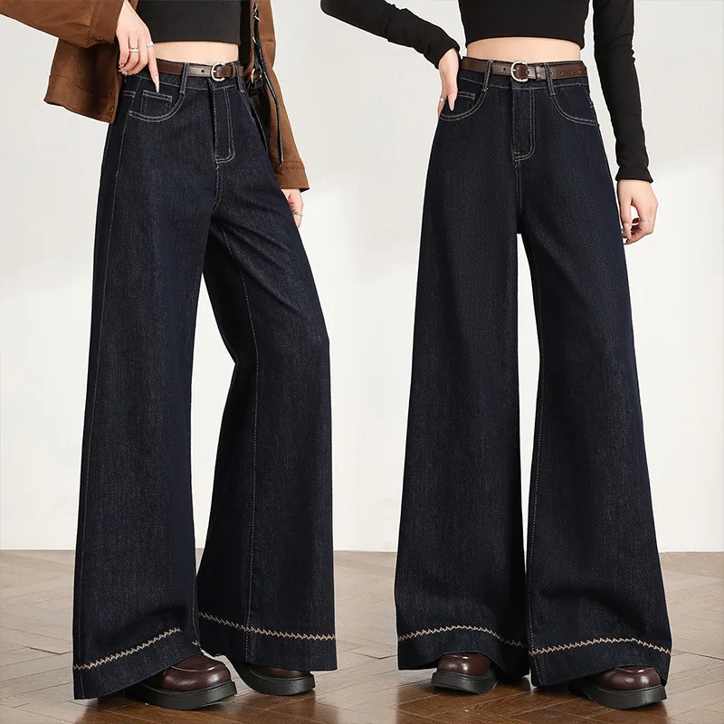 

Джинсовые синие широкие расклешенные джинсы для женщин, новые весенне-осенние эластичные свободные утягивающие брюки длиной до пола с высокой талией