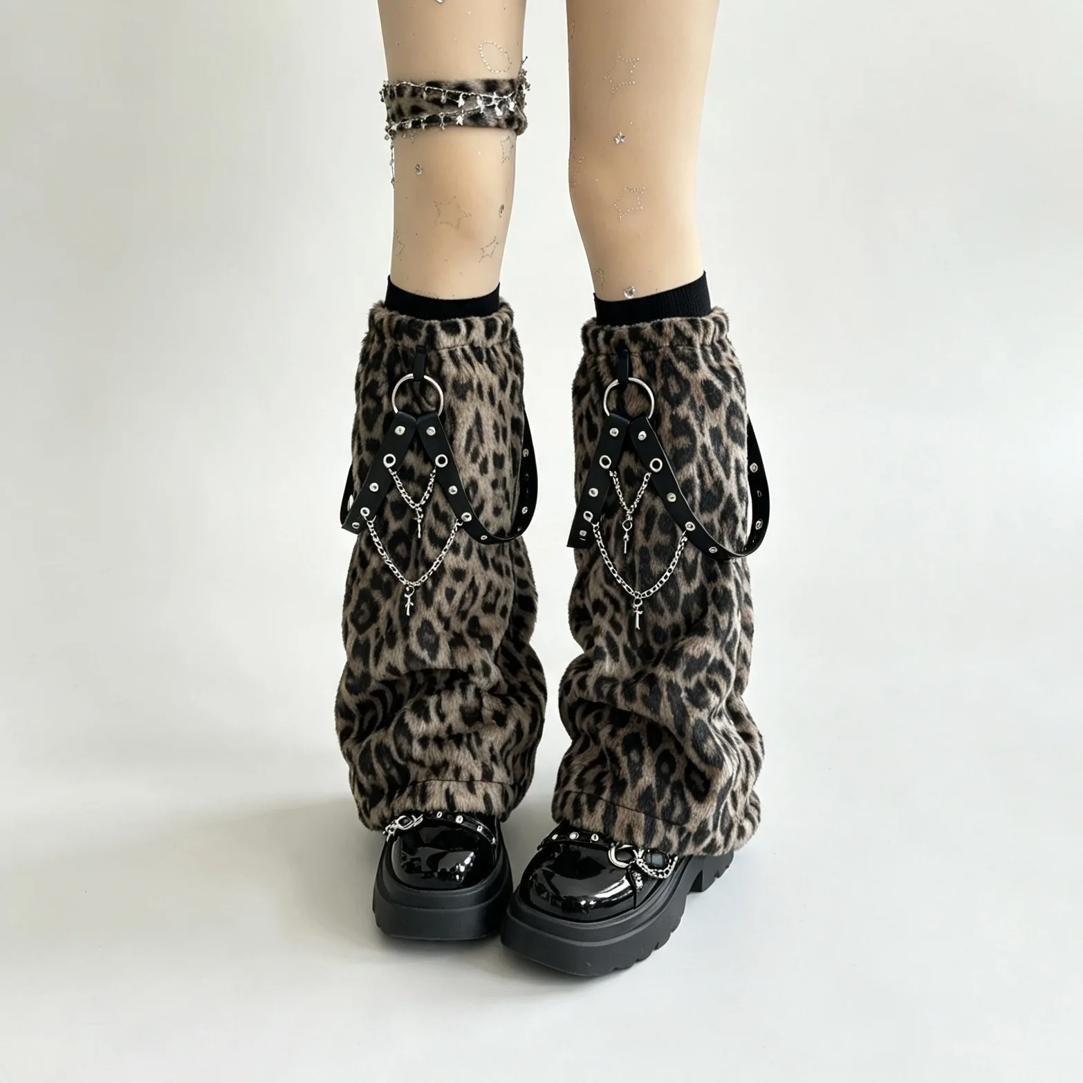 Rivet Punk Subculture Y2K Leopard Print Leg Warmers Autumn Trendy Cool New Sock Covers Performance Party Plush Slouch Socks