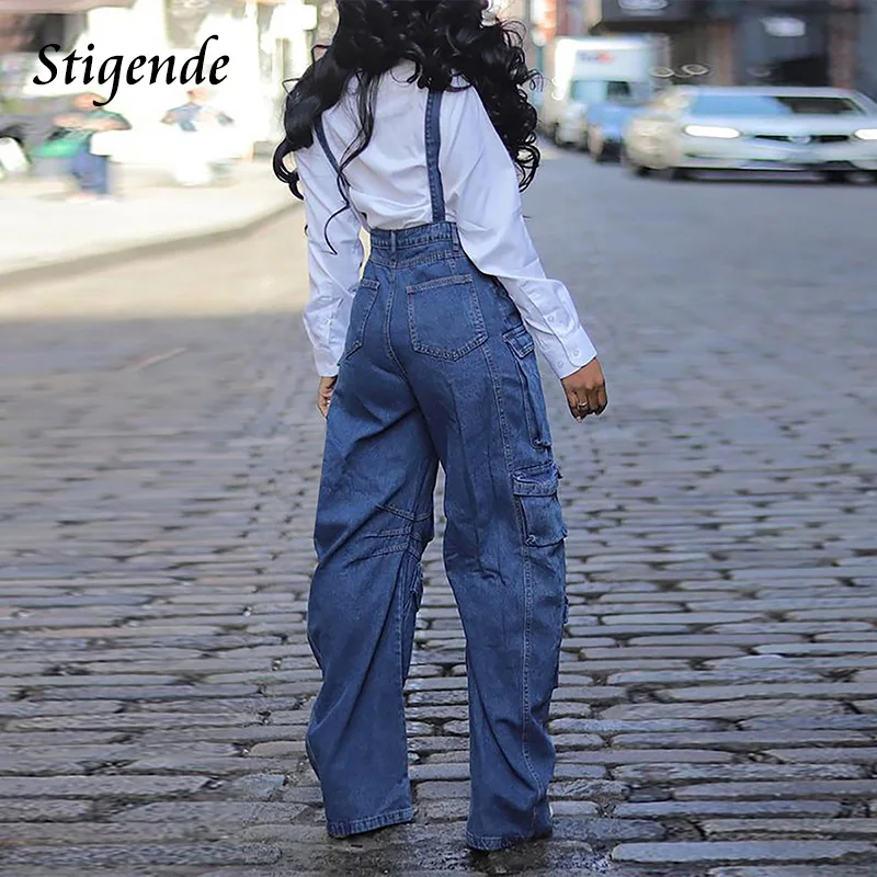 Stigende Multiple Pockets Overalls Jeans Women Wide Leg Denim Jumpsuit Pants