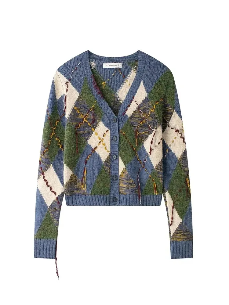 

женская мода осень и зима в Европе и США новый уличный стиль красочные алмазным узором вязаный кардиган ретро V-образным вырезом с длинными рукавами однобортный кисточкой короткий теплый джемпер куртка