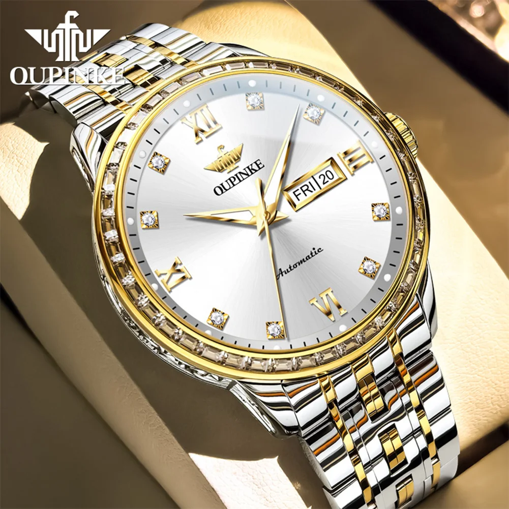 ساعات رجالية OUPINKE 3258 موضة الأعمال الأصلية ساعة ميكانيكية أوتوماتيكية للرجل الياقوت مرآة الماس الحافة تاريخ الأسبوع