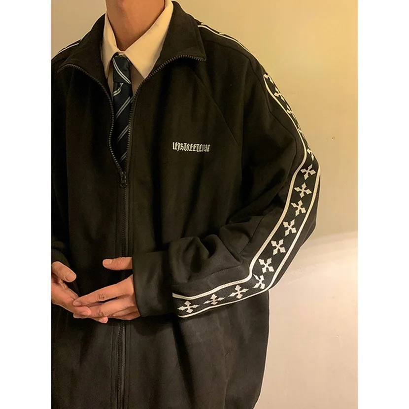 

Мужской замшевый кардиган-свитшот: утепленный, теплый, зимний, новый, в американском ретро-стиле, повседневный, свободного кроя, с принтом