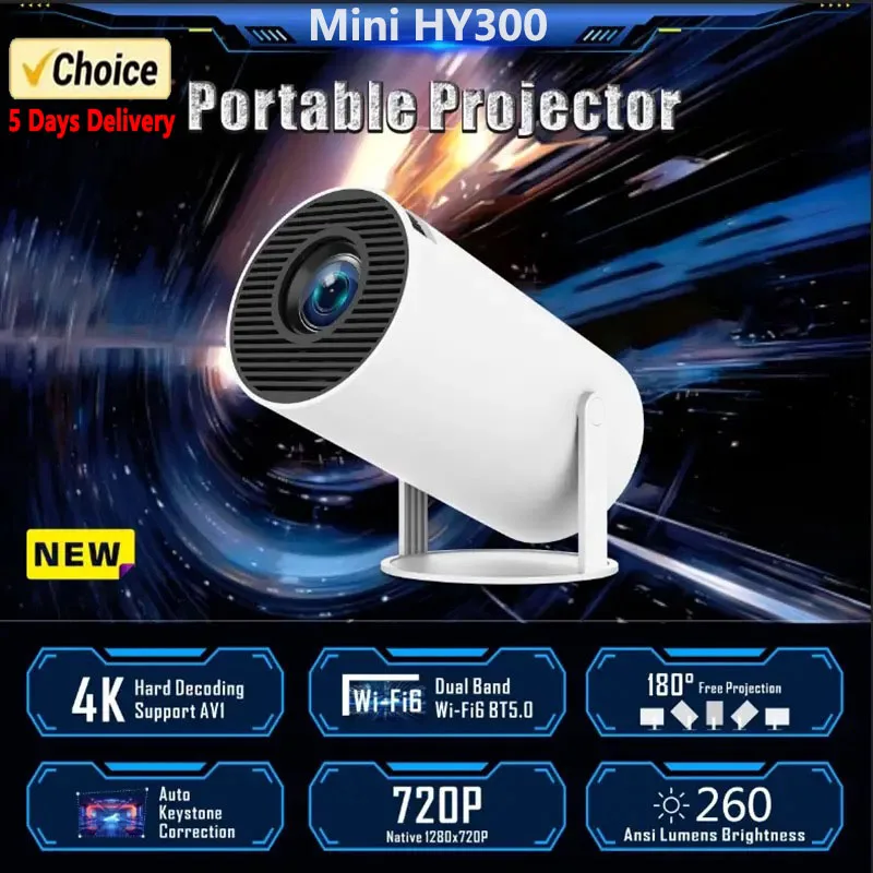 Vente flash - Mini projecteur intelligent HY300 - Android 13 OS - R�solution native 1080P - Prise en charge 4K - WiFi 6 automatique - BT5.0 - Projecteur de cin�ma maison portable