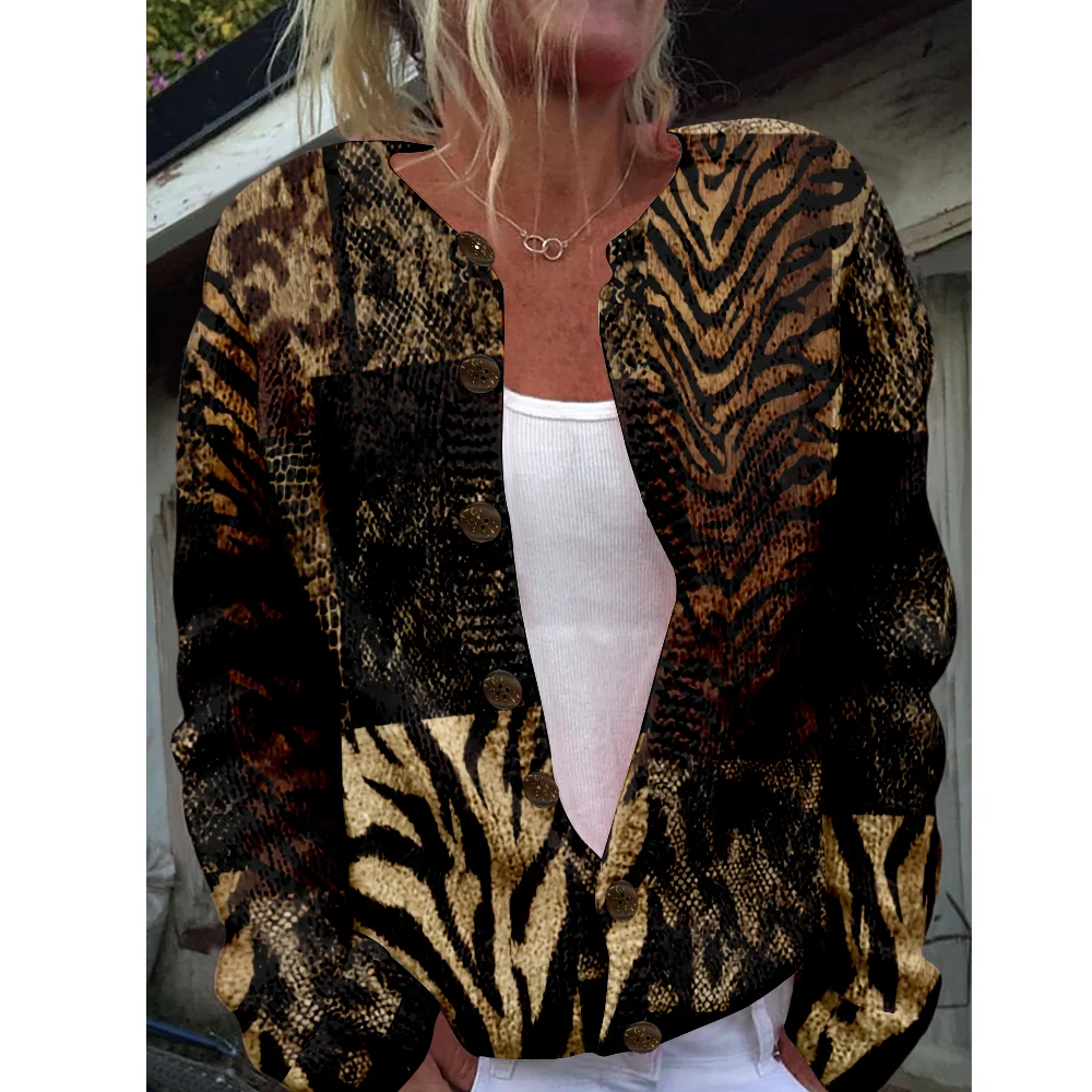 

Осень-зима вязаный леопардовый кардиган, свитер, уличная одежда, женские свитера, вязаный топ, повседневные крутые джемперы, модные