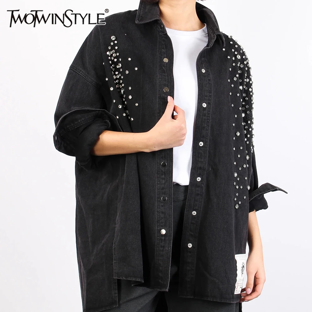 

TWOTWINSTYLE однотонные свободные куртки с бриллиантами для женщин, лоскутное однобортное пальто с лацканами и длинными рукавами, женская одежда