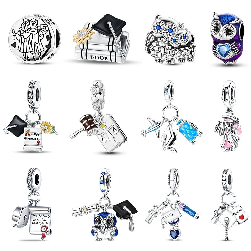925 Silver Color Graduation Season Series Colorful Owl Bachelor's Hat Charms Bead Fit 3mm 925 Original Bracelets DIY Jewelry