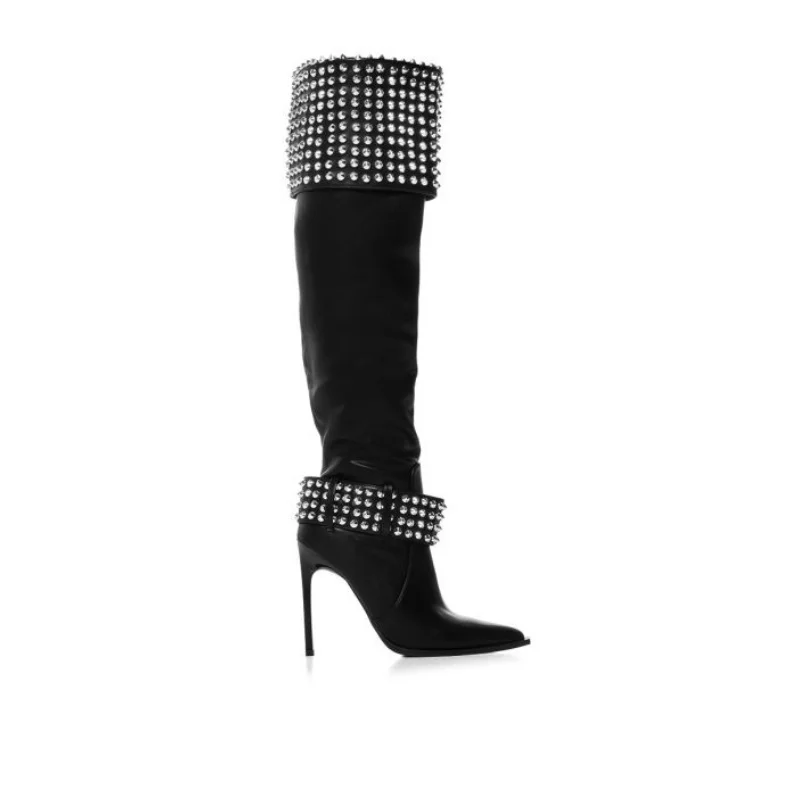 Fashion Rivet Stud Long Boots Woman Punk Style Pointed Toe Stiletto Knee High Boots Black White High Heel Party Shoes Woman 2023