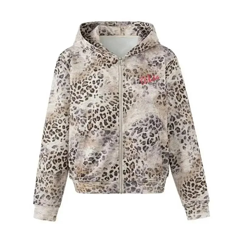 American Style Trendy Male Hoodies Versatile Cardigan Leopard Print Tie-Dye Long Sleeve Loose Sweatshirt VFTY7
