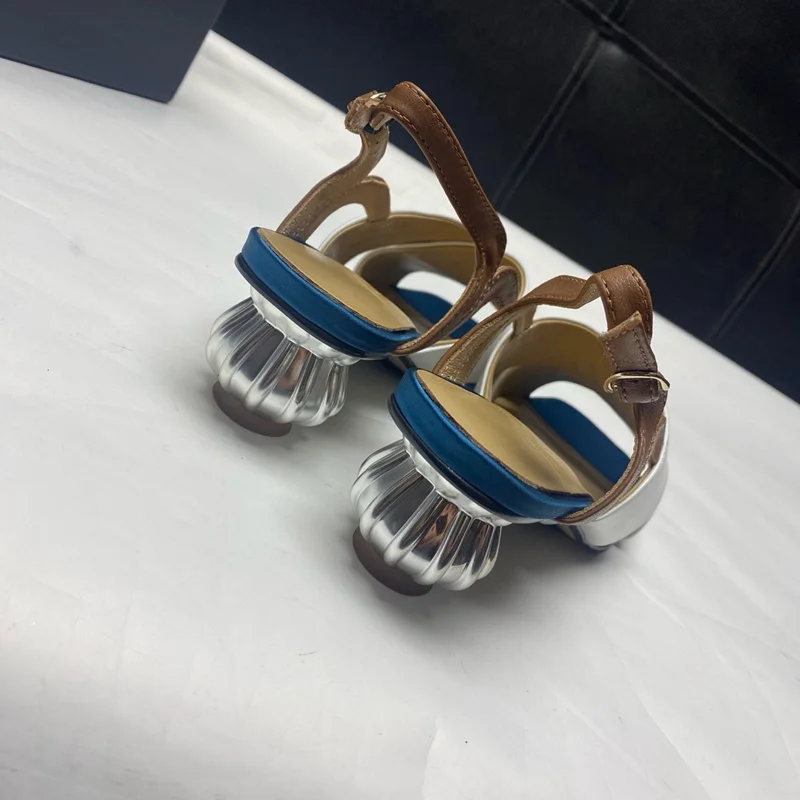 Withered British Fashion Summer Sandals Shoes Women Blue  White Color Cowhide Comfortable Commuting High Heel Sandals Women