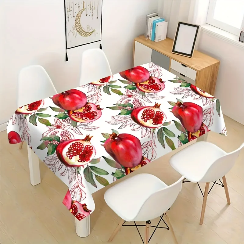 This Is A Pomegranate-Themed Tablecloth With A White Background Featuring Watercolor Designs Of Whole And Sliced Pomegranates Al