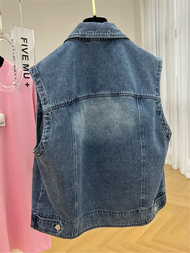 Zakken Patchwork Lente Zomer Denim Vest Dames Vintage Korte Slanke Mouwloze Jeans Vest Single Breasted Tops Nieuw