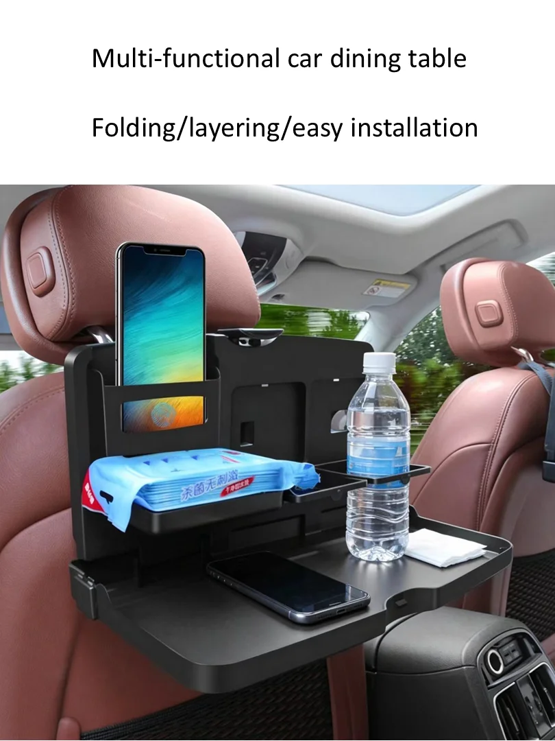 Car Back Seat Food Tray with Phone & Cup Holder - Multi-Functional Dining Table Auto Interior Storage Accessory
