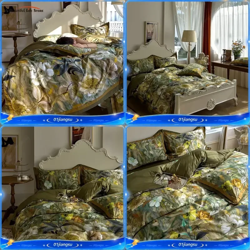 American Vintage Bedding Set 1000TC Egyptian Cotton Duvet Cover Flat Fitted Sheet Pillowcases Luxury Pastoral Print Home