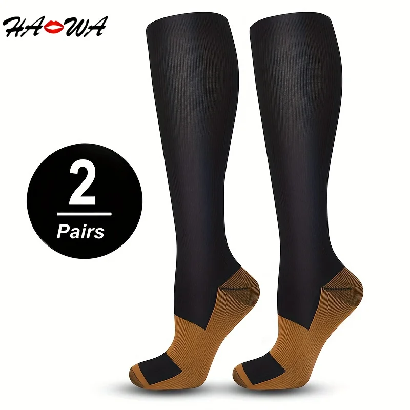 

HA WA 2 Pairs Men's Compression Socks Knee High Varicose Veins Stockings Sweat-Resistant Anti-odor Soft Comfortable Sport Socks