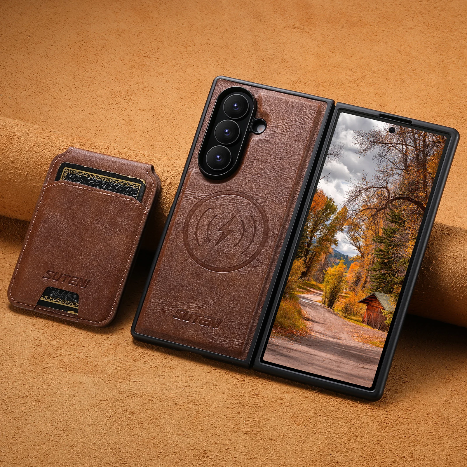 

SUTENI Магнит для беспроводной зарядки из искусственной кожи Чехол для телефона Держатель для карт Подставка Гладкая поверхность Кошелек 2-в-1 для Samsung Z Fold 7 6