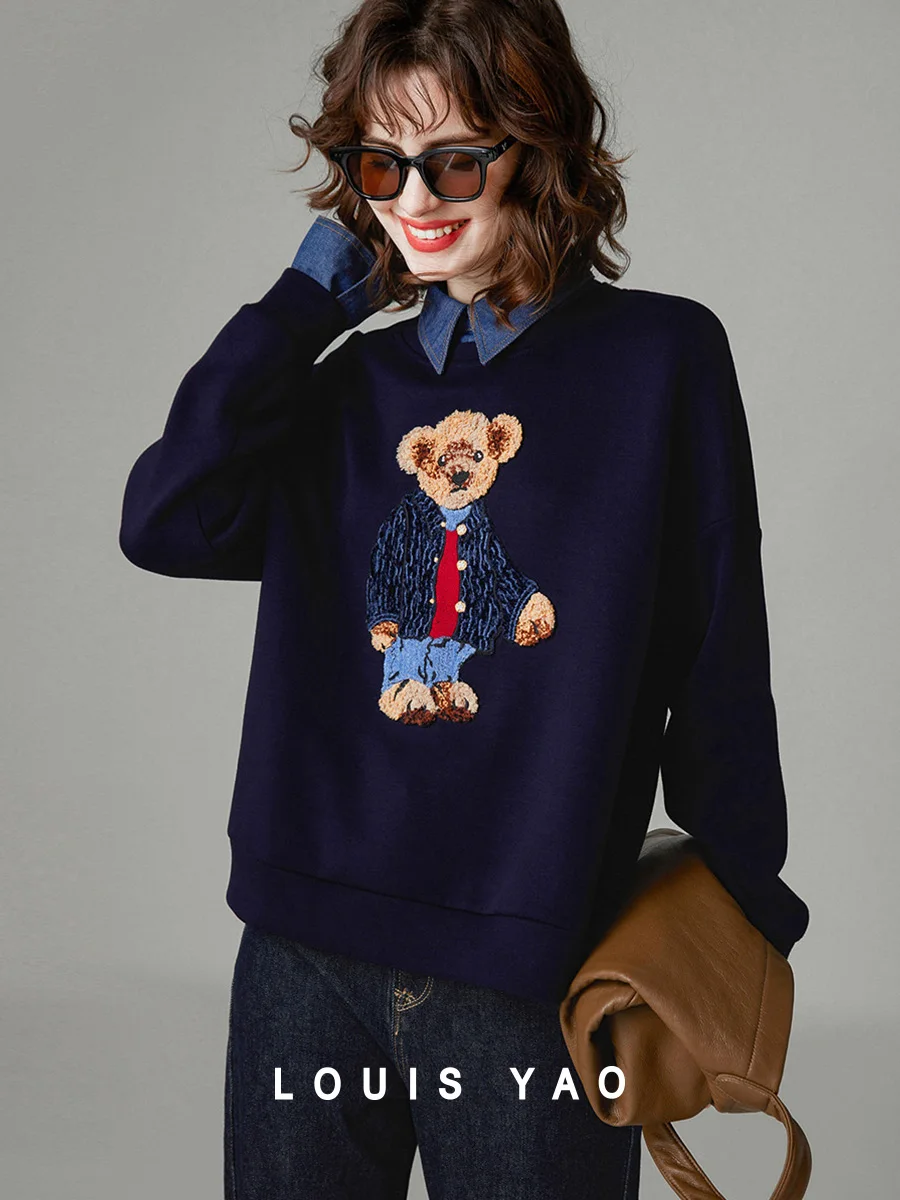 LOUIS YAO 2024 Spring and Autumn Heavy Applique Embroidered Bear Women's Sweater College Style Denim Splicing Fake Two-piece Top