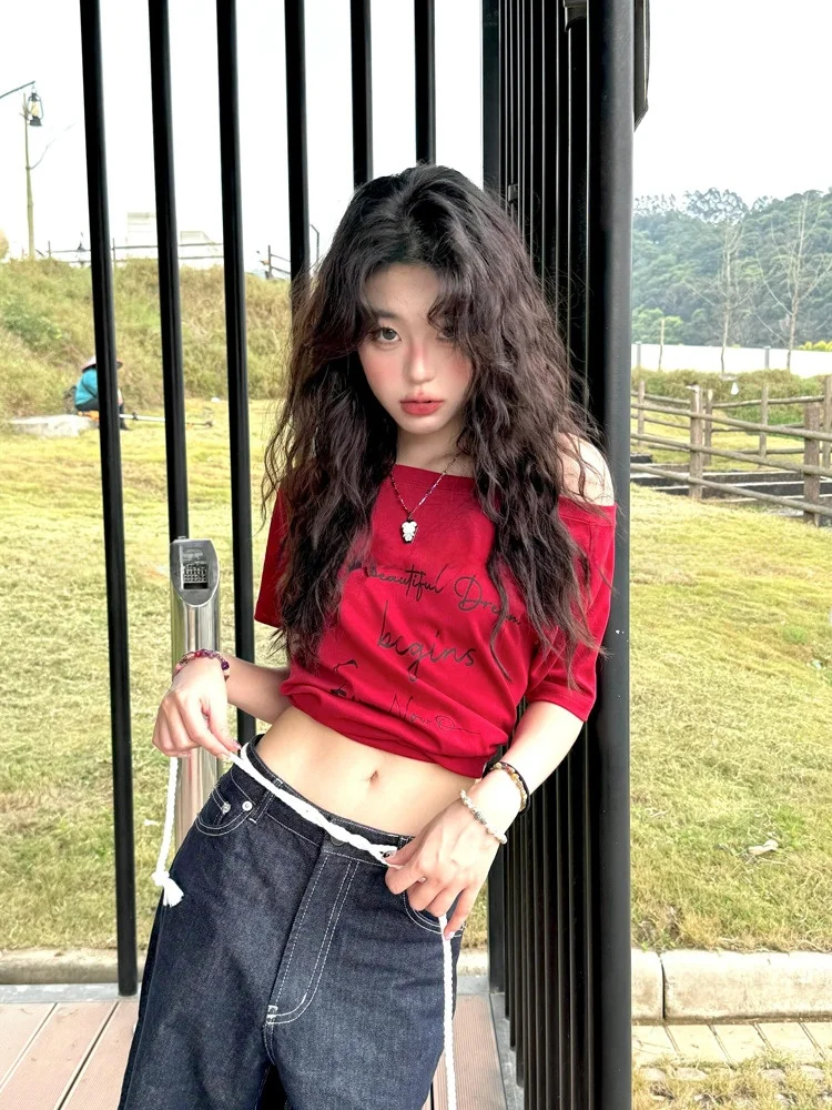 

Retro Letter Print One oulder ort Sve T-irt Women's Summer New Sle Red Casual Loose Slimming oulder Baring Top