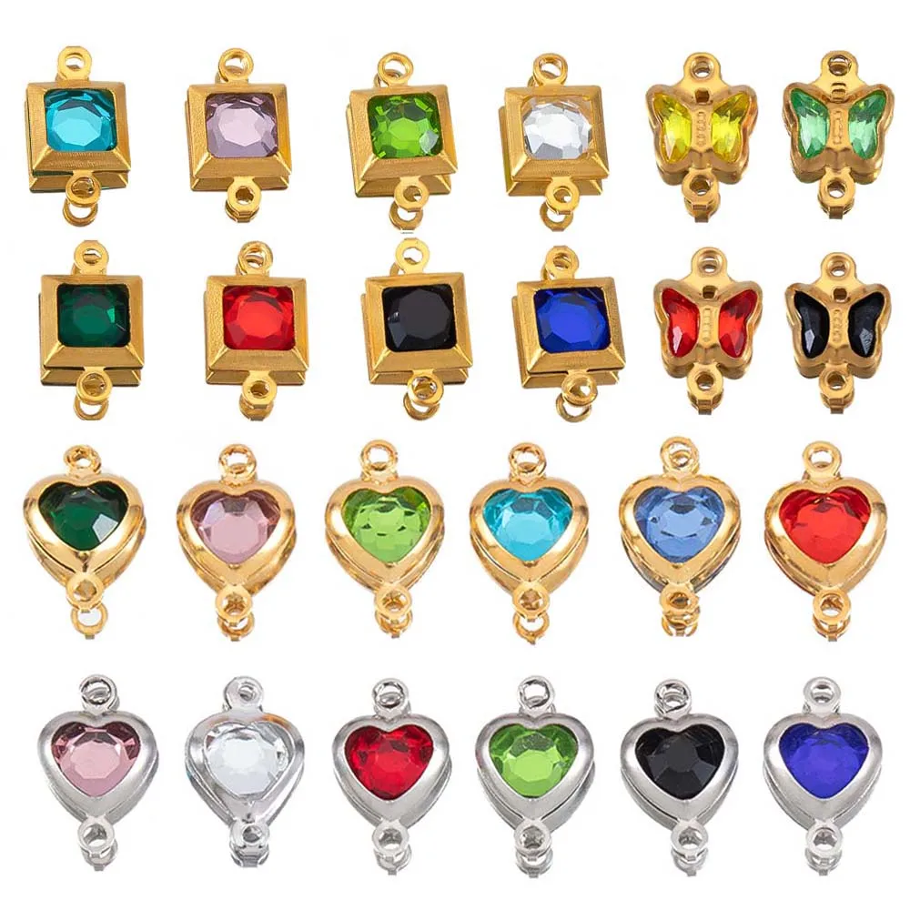 

10pcs Glass Crystal Butterfly Heart Earring Charms Stainless Steels Two Holes Bead Bracelets Choker Connector DIY Jewelry Making