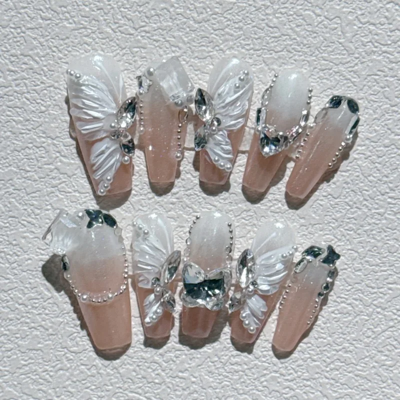 Sweet Luxury Press On Nails Handmade Dreamy Gradient Three Dimensional Swallowtail Butterfly False Nail Patches