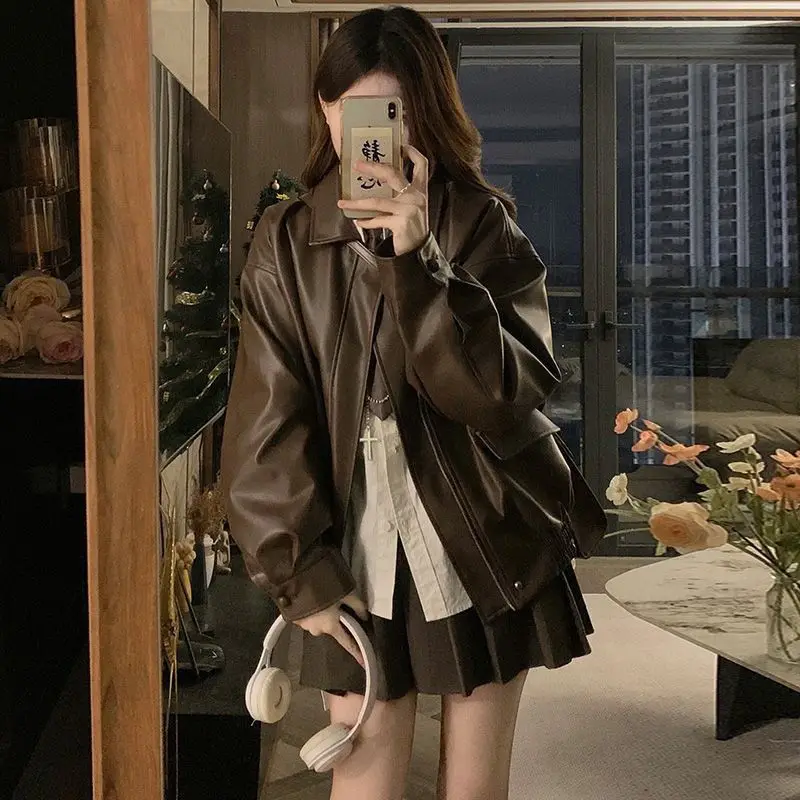 Chaqueta de Cuero Marrón Estilo Retro Americano para Mujer, Primavera-Otoño, Nueva, de Alta Gama, Estilo Motociclista, Chaque...