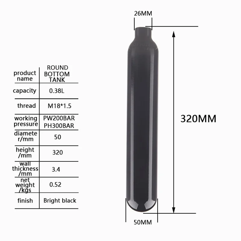 HPA Air Tank Gás Cylinder, Recarga Entrada 4500PSI Saída 160 para 3000PSI, Regulador Soda Água CO2 Aquarium Acessórios, 0.38L