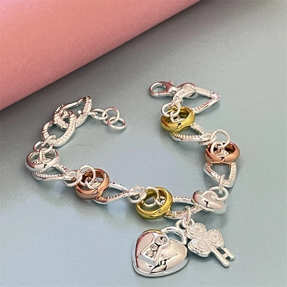 Braccialetto in argento Sterling 925 braccialetto bicolore con cuore carino regalo di distribuzione di fidanzamento da donna